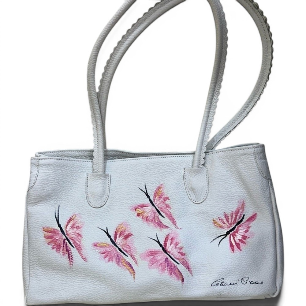 Vintage Cecconi Piero White Leather w/ Pink Butterfly Print‎ Tote Bag